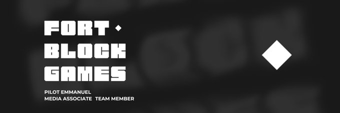 A dark banner displays 'FORT BLOCK GAMES' with 'PILOT EMMANUEL' and 'MEDIA ASSOCIATE - TEAM MEMBER' listed below, alongside a white diamond logo.