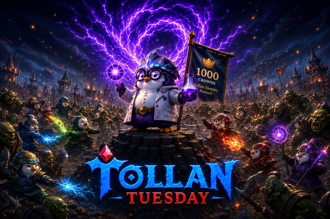 A fantasy battle scene features a wizard penguin holding a banner reading '1000 CROWNS Tollan Tuesday Reward' above the stylized 'TOLLAN TUESDAY' logo, with armies of penguins and warriors clashing amid purple lightning.