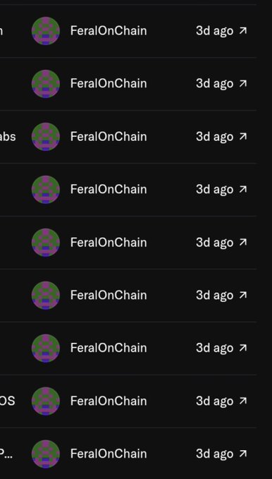 A list view shows multiple entries from the user 'FeralOnChain', all posted '3d ago', each with a purple and green pixelated avatar.