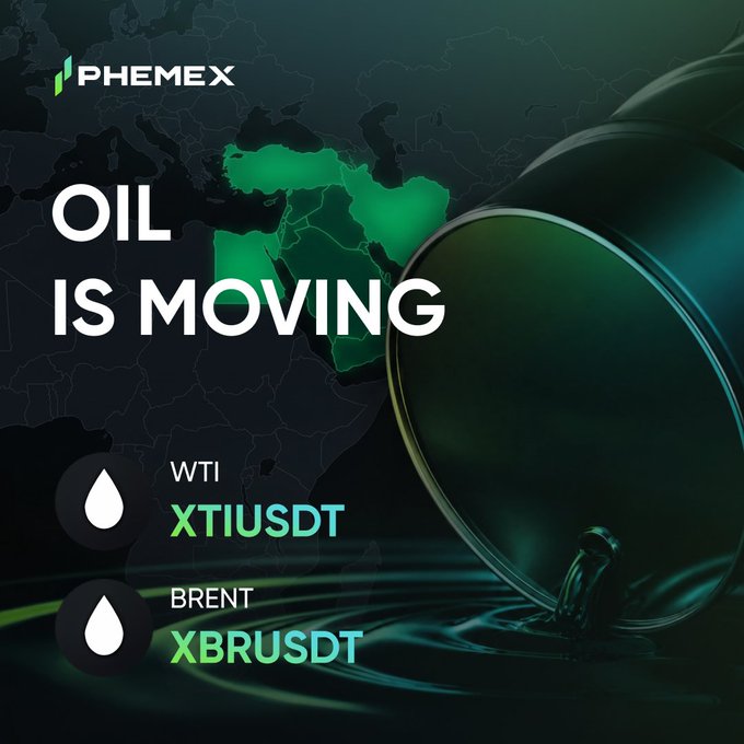 Promotional graphic for the cryptocurrency exchange "PHEMEX" with the headline "OIL IS MOVING" featuring a Middle East map, oil pipelines, and trading pairs "WTI XTIUSDT" and "BRENT XBRUSDT".