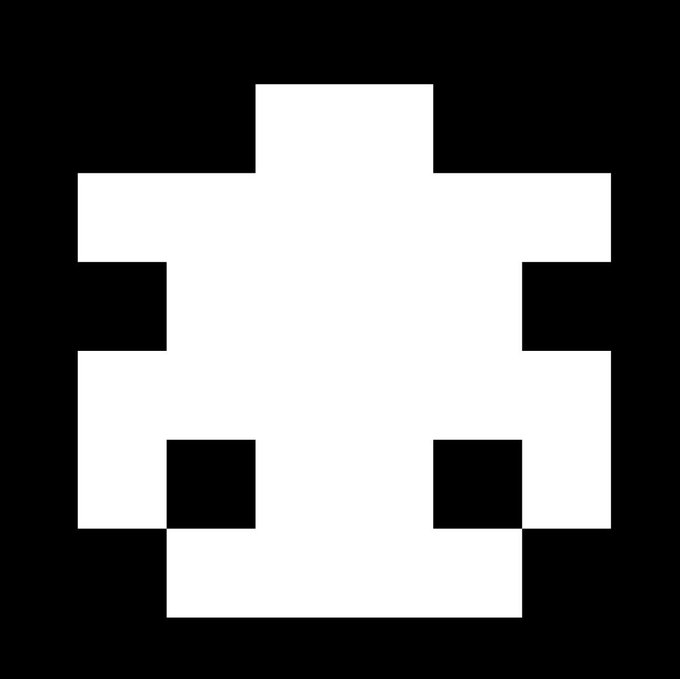 A white pixel-art skull on a black background.