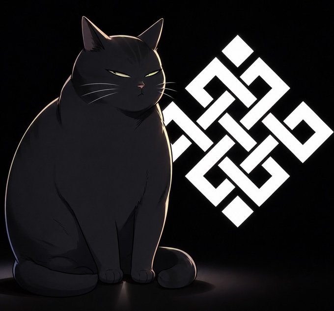 An illustration of a black cat with glowing yellow eyes sitting beside a white geometric endless knot symbol on a black background.