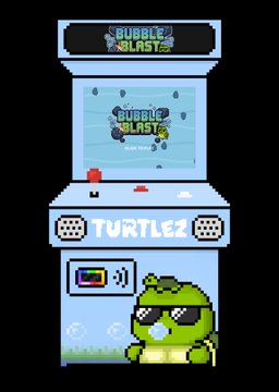 Pixel art arcade machine featuring 'Bubble Blaster' and 'TURTLE2' games, decorated with a cartoon turtle wearing sunglasses blowing a bubble.