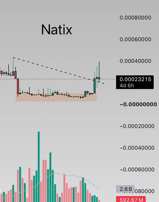 The image displays a trading chart for Natix (NATIX) showing a price breakout from a prolonged consolidation pattern, currently at 0.00023215 with a market cap of 2.6B and 592.67M volume. The sharp price spike visible on the chart visually corroborates the post's bullish narrative about Natix landing a major six-figure data deal with a "Unicorn AI lab," validating its DePIN business model.