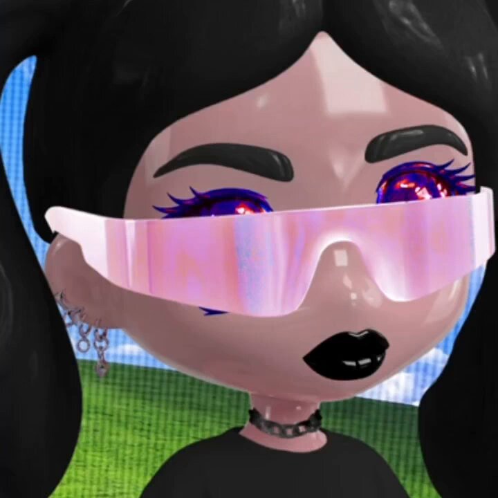 The image features a 3D rendering of a girl with black hair, wearing sunglasses that are pink and blue. She has a black top on and her face is turned towards the camera. The background of the image shows a grassy field under a clear sky. There is also text in the image that reads "LUMI IS FREE GTD IS GTD STAY POSITIONED - GO DROP YOUR ADDY".