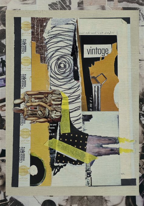 A mixed-media collage artwork features torn paper pieces, gold-toned fragments, a vintage hand illustration, and the printed text 'vintage' on a cream background.