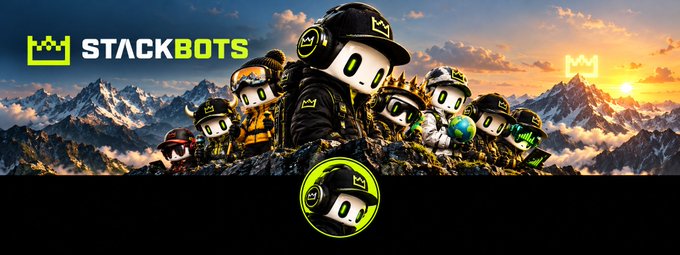 A promotional banner for 'STACKBOTS' featuring a lineup of robot-like NFT characters with crown logos, set against a snowy mountain backdrop at sunset.