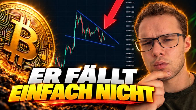 YouTube thumbnail with German text "ER FÄLLT EINFACH NICHT" (It just won't fall) showing a Bitcoin price chart with a downward trend, a man pondering, and a Bitcoin graphic.