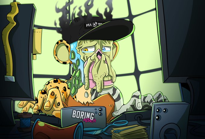 Cartoon illustration of a melting, disheveled character with a black cap at a computer desk displaying a label that reads 'BORING' with pink graffiti underneath.
