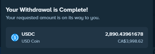 A confirmation screen displays "Your Withdrawal is Complete!" for 2,890.43961678 USDC (USD Coin), equal to CA$3,998.62, indicating a successful cash-out. This aligns with the post announcing a withdrawal of $2,890 in USDC from a stream.