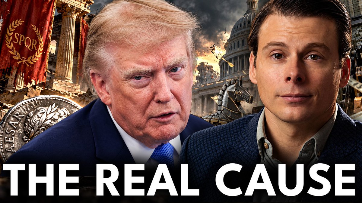A YouTube thumbnail showing Donald Trump and another man, with the text 'THE REAL CAUSE' against a backdrop of Roman ruins and a Caesar coin.