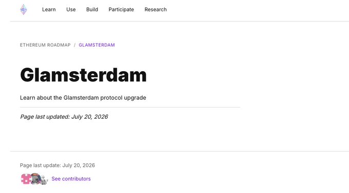 The image shows the official Ethereum.org page for the "Glamsterdam" protocol upgrade, categorized under the Ethereum Roadmap and last updated July 20, 2026. The post aligns with the page by announcing the upcoming Glamsterdam hard fork—Ethereum's largest L1 upgrade since The Merge—highlighting key changes like parallel transaction processing (EIP-7928) and block building improvements aimed at significantly boosting network throughput.