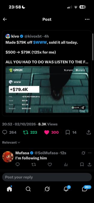 A Twitter/X post screenshot from user 'kivo' (@kivoxbt) claiming to have made $79K profit (125x) on token $WWW, featuring a GMGN screenshot of the trade results.