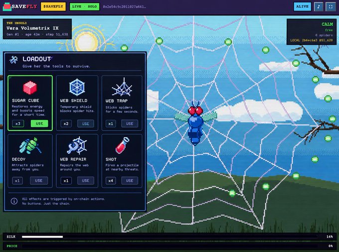 A screenshot of the game '$SAVEFLY' showing a pixelated blue spider on a web with a 'LOADOUT' menu open, featuring items like 'SUGAR CUBE', 'WEB SHIELD', 'WEB TRAP', 'DECOY', 'WEB REPAIR', and 'SHOT'.