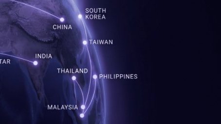 A dark blue map of Asia highlighting countries including China, South Korea, India, Thailand, Taiwan, the Philippines, and Malaysia, with glowing connecting lines suggesting a network.