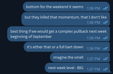 A screenshot of a dark-themed chat conversation discussing market expectations, featuring messages about a potential "complex pullback next week beginning of September," predicting a "full bant down" with the comment "imagine the smell," and concluding with the assertion "next week level - BIG" at 1:36-1:37 PM.