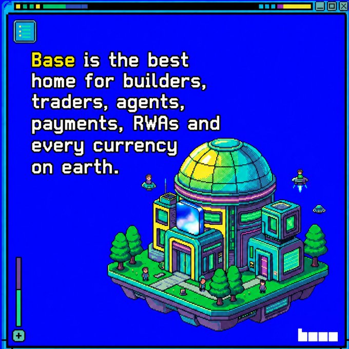 The image shows a cartoon-like representation of the town base with buildings, trees, people, and a boat. The text around the image indicates that "Base is the best home for builders, traders, agents, payments, RWAs and every currency on earth". In this context, it seems like there's a creative illustration or graphic design representing an urban setting related to real-world transactions involving building projects, property sales, or rent payments. The visual layout suggests that users can easily understand the concept being portrayed in the image by looking at it directly.