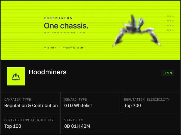 A promotional page for "HOODMINERS" featuring the text "One chassis." and "EVERY GRADE SEALED UNTIL MINT", along with campaign details: Reputation & Contribution, GTD Whitelist, Top 700, Top 100, and "STARTS IN 0D 01H 42M".