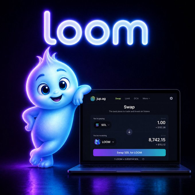 A promotional graphic for the LOOM token featuring a blue neon ghost character standing next to a laptop showing a jup.ag swap interface exchanging SOL for LOOM.