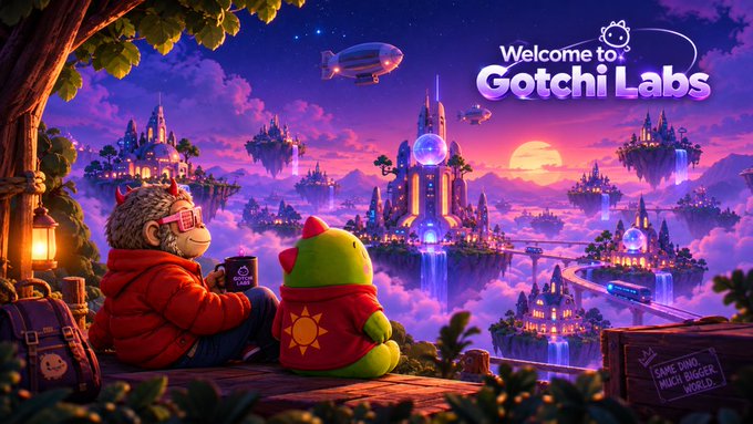 A vibrant digital illustration titled 'Welcome to Gotchi Labs' showing a character in a red jacket and a green creature overlooking a fantasy landscape of floating islands, castles, and zeppelins at sunset.