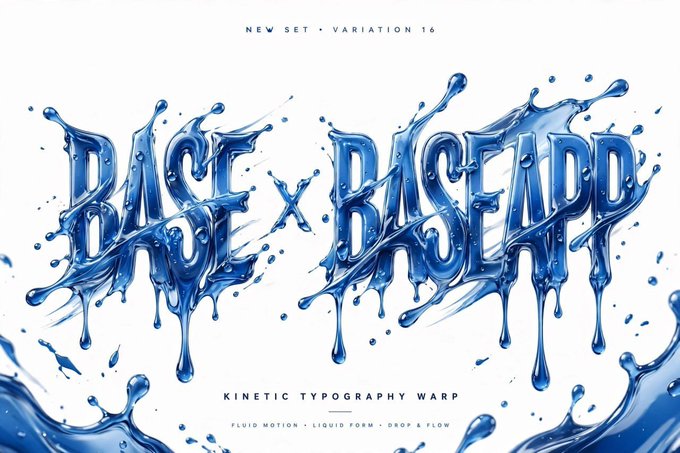 A typography design showcasing the words 'BASE X BASEADD' rendered in a dynamic, blue liquid splash effect, labeled as 'NEW SET - VARIATION 16' and 'KINETIC TYPOGRAPHY WARP'.