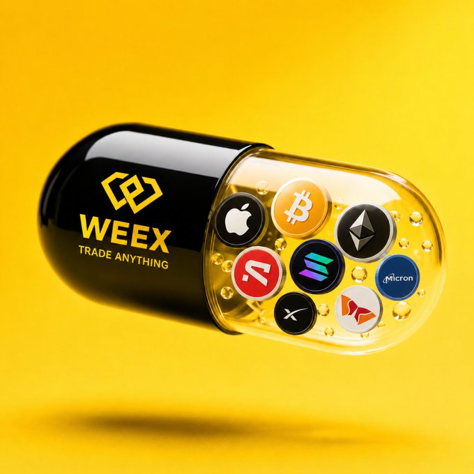 A glossy black and gold capsule branded "WEEX - TRADE ANYTHING" contains various financial asset icons including Bitcoin (BTC), Ethereum (ETH), Apple (AAPL), Aave (AAVE), Solana (SOL), Avalanche (AVAX), XRP, and Micron, floating in golden liquid. The capsule visually represents the post's suggestion that Bitcoin ("大餅") needs a remedy or catalyst, symbolizing a potential recovery or trade opportunity for the asset through Weex's trading platform.