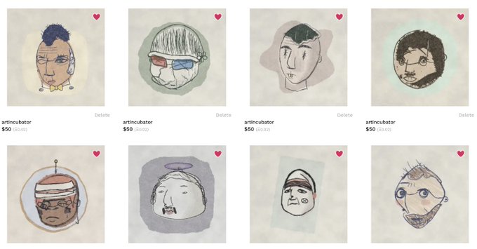 An online marketplace displaying eight hand-drawn character portraits labeled 'artincubator' priced at $50, each with a heart icon and delete option.