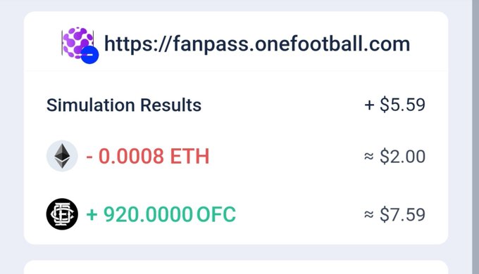 A mobile interface displaying simulation results from "https://fanpass.onefootball.com", showing "+ $5.59", "- 0.0008 ETH ≈ $2.00", and "+ 920.0000 OFC ≈ $7.59".