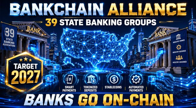 A promotional graphic titled 'BANKCHAIN ALLIANCE' advertising 39 state banking groups with a 'TARGET 2027' badge, a US map made of glowing nodes, and icons for smart payments, deposits, stablecoins, and automated payments.