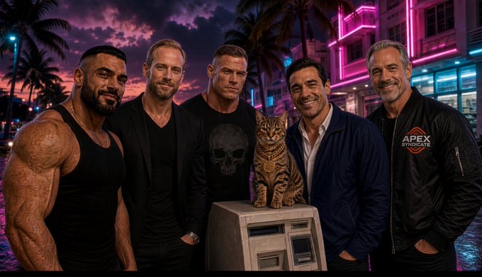 Five men pose together in a neon-lit, Miami Vice-style setting alongside a Bengal cat sitting on a small box, with the rightmost man wearing a jacket reading "APEX SYNDICATE," visually representing the "$GATO" cat and its "army" as referenced in the caption's bullish Solana ecosystem pitch.
