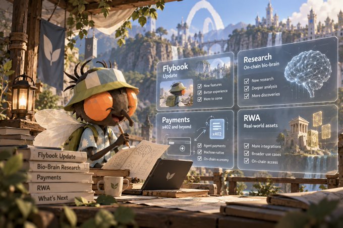 An illustrated fly-like character wearing a pith helmet, working at a desk with floating UI panels for 'Flybook Update', 'Research On-chain bio-brain', 'Payments x402', and 'RWA Real-world assets'.