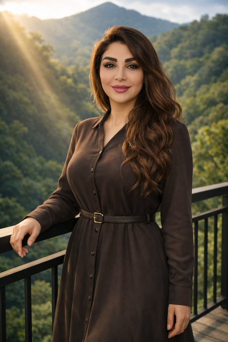 A woman with long wavy brown hair wearing a dark brown button-down dress with a belt, standing on a balcony overlooking a forested mountain landscape at sunset.