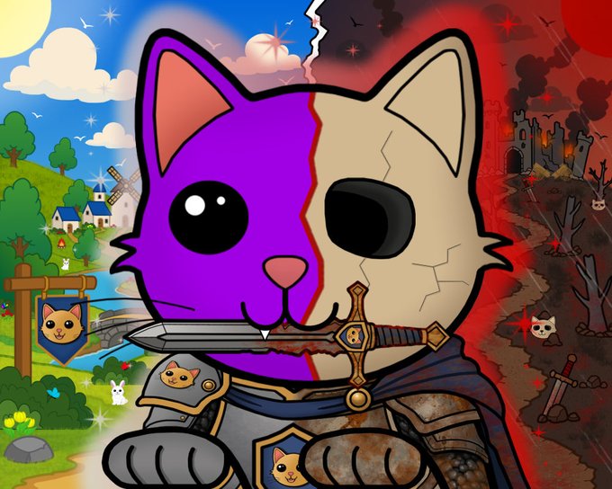 A cartoon cat warrior with a sword, split between a bright, peaceful village on the left and a dark, red, ruined landscape on the right.