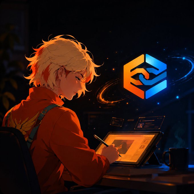 An anime-style digital illustration of a blonde character with an orange streak in their hair, wearing a red jacket and drawing on a tablet, accompanied by a glowing orange and blue hexagonal logo.