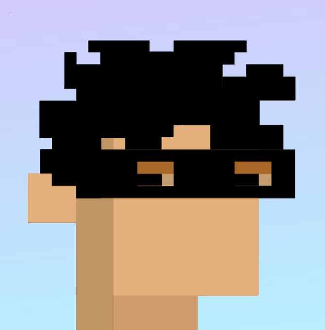 Pixel art illustration of a character wearing a black ski mask and sunglasses against a light blue gradient background.