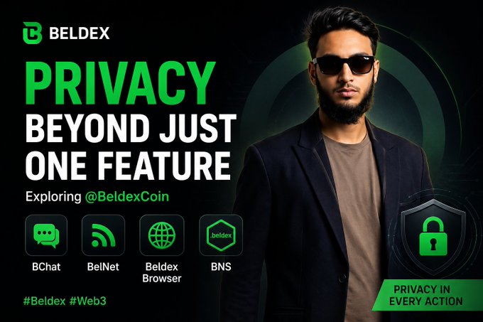 A promotional graphic for 'BELDEX' featuring a man in sunglasses, with text 'PRIVACY BEOND JUST ONE FEATURE', 'Exploring @BeldexCoin', and icons for BChat, BelNet, Beldex Browser, and BNS.