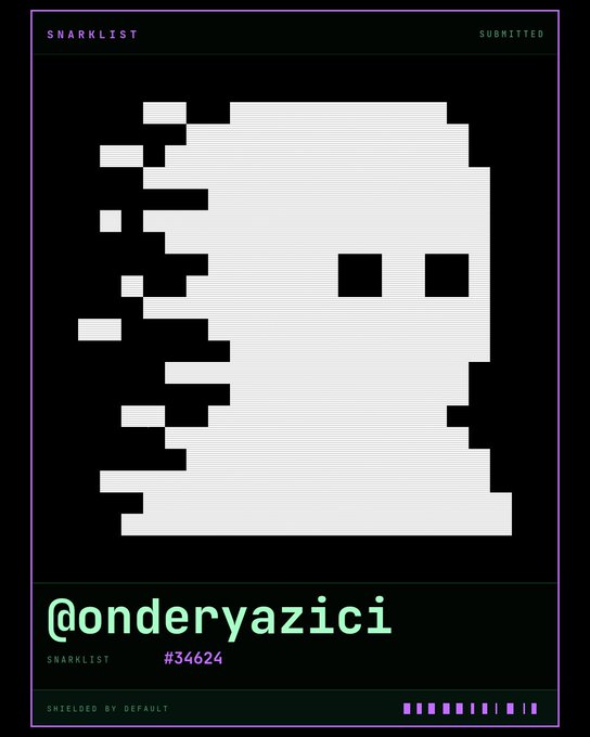 A pixel art digital poster on a black background features a white glitch-style skull with the text 'SNARKLIST' and 'SUBMITTED', crediting '@onderyazici' as SNARKLIST #34624.