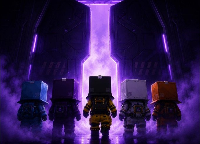 Five helmeted figures stand with their backs to the viewer before a glowing purple portal, gazing into a mysterious, smoke-filled threshold. The scene captures the post's theme of "being there when it mattered," symbolizing early supporters or Genesis holders as pioneers entering an uncharted, illuminated frontier together.