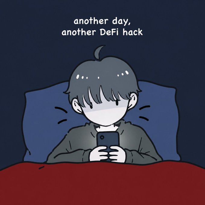 An anime-style illustration of a person lying in bed under a red blanket, illuminated by their phone screen, with the text 'another day, another DeFi hack' above them.
