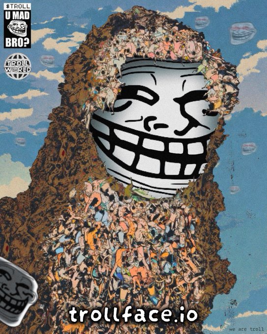A collage-style image featuring the iconic grinning Trollface mascot emerging from a chaotic mass of smaller troll figures against a cloudy sky, with "trollface.io" displayed prominently and "we are troll" in the corner, visually promoting the launch of the official Trollface ecosystem hub.