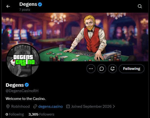 A Twitter profile for "Degens" (@DegensCasinoRH) shows 3,305 followers and a banner image of a blonde, bearded casino dealer at a green felt table.