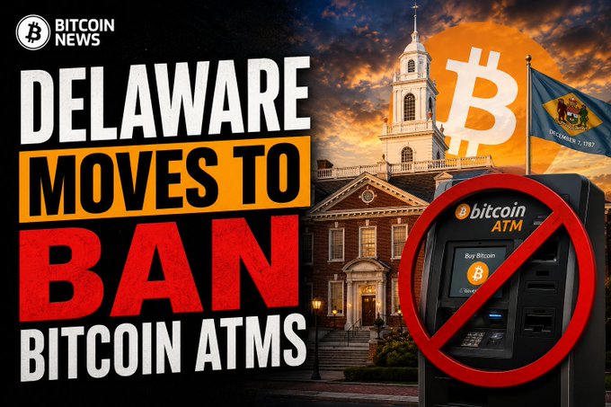 The image shows a scene of an ATM machine located outside a building with a red roof. The ATM machine has a "No Coin" sign on top, indicating that it is not accepting coins or cash at the moment. The text in the image reads "DELAWARE MOVES TO BAN BITCOIN ATMS Delaware's House Economic Development Committee has advanced House Bill 441, a proposal that would prohibit all crypto ATMs statewide". This suggests that there might be a bill being discussed in Delaware to ban Bitcoin ATMs due to concerns about their use.