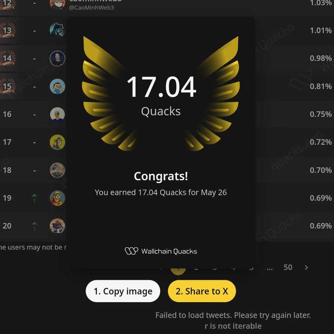 This image showcases a website or social media post for Quack Legends, where users can compete against each other by answering questions correctly or accumulating points. The main visual element of this post is a trophy with a golden wings design, indicating that someone has been successful in the game and earned 17.04 Quacks (a term used in the gaming world). Additionally, there's text in front of the trophy, congratulating users on their achievements and inviting them to share their experience by clicking on the image. The background consists of multiple icons representing various aspects of the website or platform related to the Quack Legends game. There is also a link that reads "gQuack legends Just earned 17.04 Quacks in one day Turn insights into rewards and climb the leaderboard Use my referral link - quacks.app/?ref=Onyeballer". The image focuses on the congratulatory message, trophy, and user's participation or success in the game.