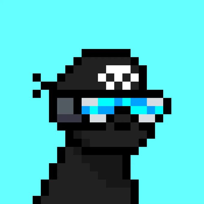 Pixel art character on a teal background wearing a black hood with a skull emblem and holding a glowing blue/teal sword.