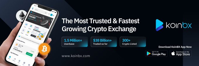 Promotional banner for KoinBX, a crypto exchange, highlighting "The Most Trusted & Fastest Growing Crypto Exchange" with stats of 1.5M+ users, $38B+ traded so far, and 300+ cryptos listed, alongside app store download buttons. The image aligns with the post's $100 giveaway announcement by showcasing KoinBX's platform and branding to attract new users and build trust for their upcoming launch.