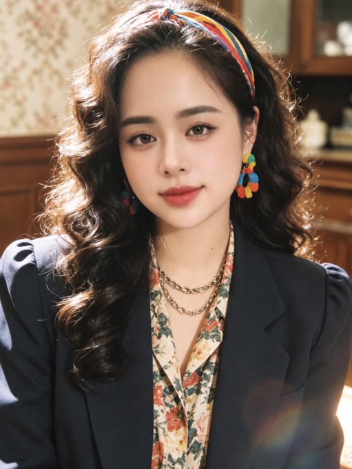 A portrait of a young woman with long curly dark hair wearing a colorful striped headband, matching colorful earrings, layered gold necklaces, a floral blouse, and a dark blazer.