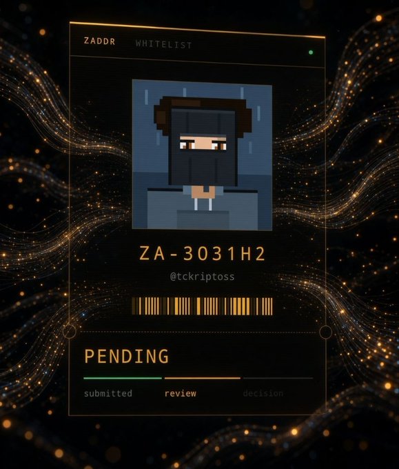 A digital ZADDR whitelist interface displaying a pixel art avatar with a barcode, the ID 'ZA-3031H2', the handle '@tckriptoss', and a 'PENDING' status with a progress bar at 'review', set against a swirling golden particle background.
