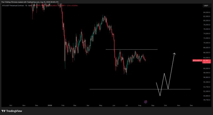 A TradingView candlestick chart for BTCUSD Perpetual Contract on the 1D timeframe (as of Aug 19, 2026) illustrates the post's bullish thesis, showing price consolidating near $62,400 (down -2.43%) with white arrows projecting a dip toward $53,000 as a buying opportunity followed by a sharp rally toward the $67,000 resistance zone.