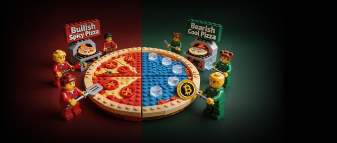 A Lego minifigure holds a blue coin, standing on a pizza with red sauce and white cheese, surrounded by other Lego minifigures holding pizzas and ice cream cones.