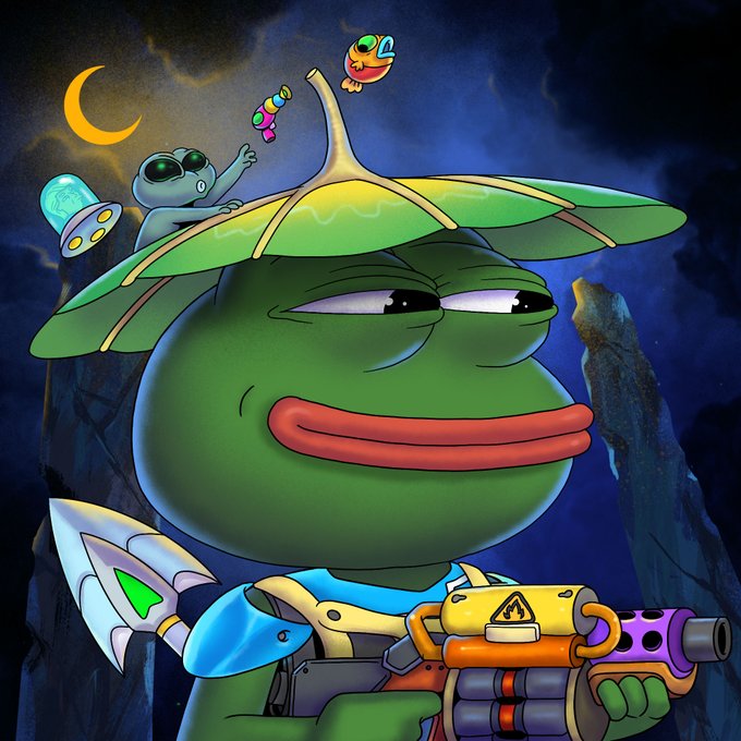 A cartoon image of the Pepe the Frog meme character depicted as a soldier with a rifle, wearing a leaf hat with a small alien and worm perched on top, set against a nighttime sky.
